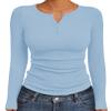 Ekouaer Women's Long Sleeve Henley Shirts Button Ribbed Knit Tops Basic Layering Slim Fit Soft Thermal Underwear Tops Light Blue XL