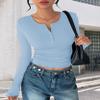 Ekouaer Women's Long Sleeve Henley Shirts Button Ribbed Knit Tops Basic Layering Slim Fit Soft Thermal Underwear Tops Light Blue XL view 2