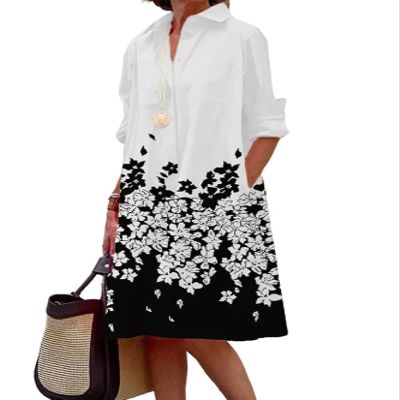 V Neck Lapel Casual Flowy Midi Dress Button Down Loose Shirt Midi Casual Long Midi Dresses for Womens with Pockets Plus Size