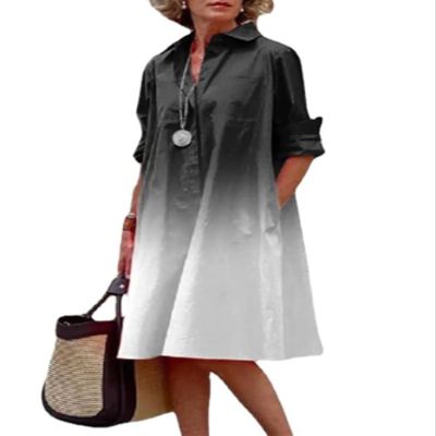 Women's Shirt Midi Dresses V Neck Casual Flowy Long Dress Lapel Front Button Down Loose Summer Midi Dress with Pockets