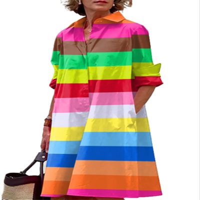Zhyaj V Neck Casual Flowy Summer Midi Dress Shirt Midi Dresses for Womens Lapel Front Button Down Loose Long Dress with Pockets