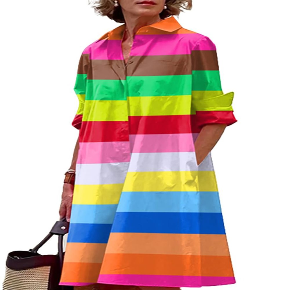 Zhyaj V Neck Casual Flowy Summer Midi Dress Shirt Midi Dresses for Womens Lapel Front Button Down Loose Long Dress with Pockets