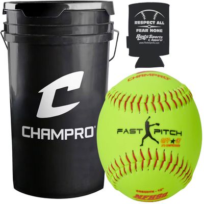 CHAMPRO CSB5DYN Durahide Cover 12" NFHS Game Softballs in a Black Bucket 18 Balls and one Rods Can Sleeve Included.