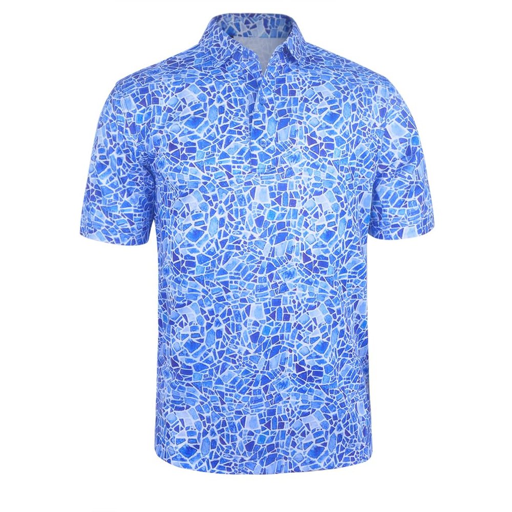 Monterey Club Men's Small Tile Print Tailored Collar Short Sleeve Polo Shirt #3514 (Kalvin Blue/Clear Blue, 3X-Large)