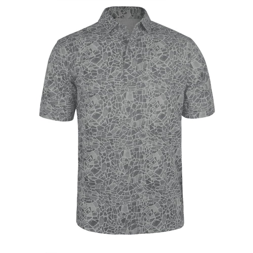 Monterey Club Men's Small Tile Print Tailored Collar Short Sleeve Polo Shirt #3514 (Black/Gray, Medium)