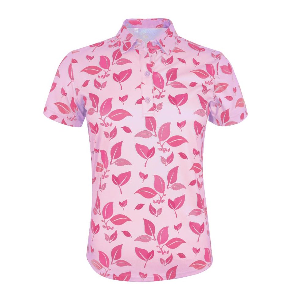 Monterey Club Women's Blossom Print Tailored Collar Short Sleeve Polo Shirt #4518 (Cotton Candy/Raspberry, X-Large)