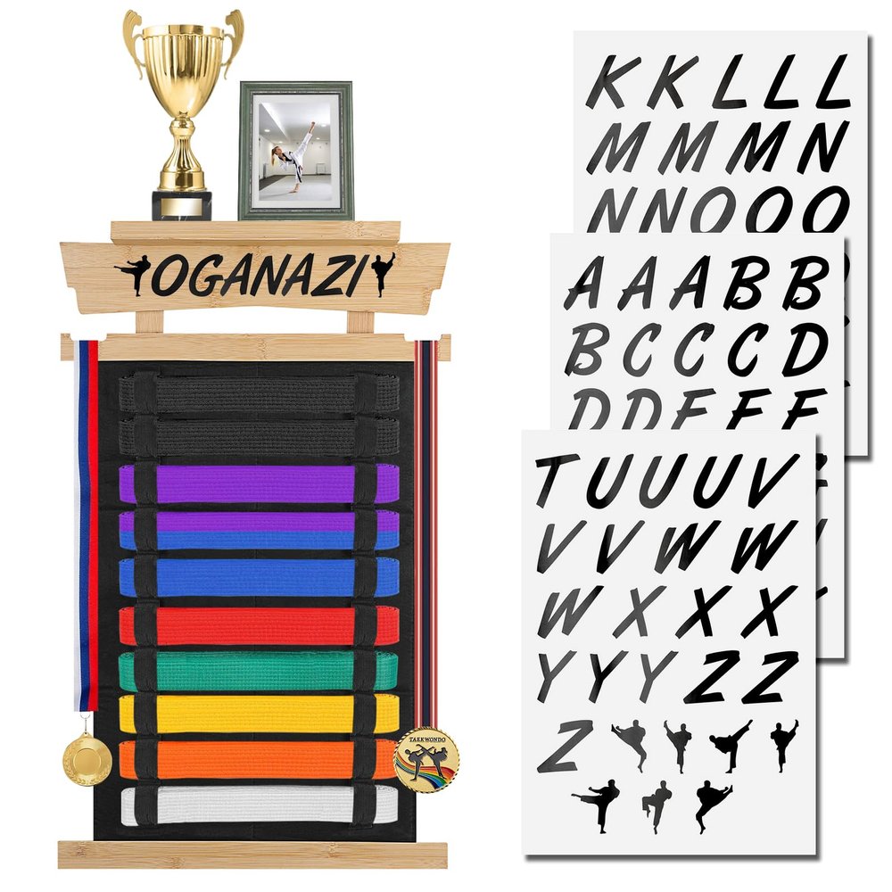 OGANAZI 10 Belts Karate Belt Display Rack with Personalized Stickers, Taekwondo Belt Display Holder with Bamboo Trophy Rack, Felt Martial Arts Belts Display Holder for Taekwondo, Karate, BJJ Gifts