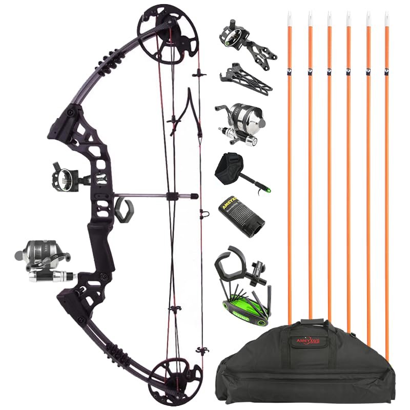 Compound Bowfishing Bow Kit with Bowfishing Arrow Complete Bowfishing Kit Draw Weight 20-70 LBS Draw Length 17"-29" Adjustable Axle-to-Axle 30" RH/LH Hunting Fishing (Black, Left Handed)