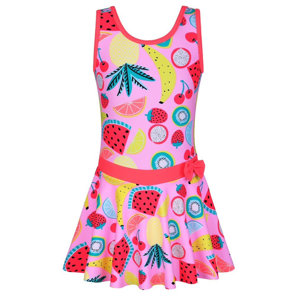 Girls Swimsuit One Piece UPF 50+ Floral Skirted Bathing Suit Modest Beach Swim Dress S363_Fruits_92/98