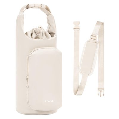 Ceneda Water Bottle Carrier Bag with Phone Pocket 32oz 40oz Tumbler Insulated Water Bottle Holder with Adjustable Shoulder Strap Carrier Sling Bag (Beige)