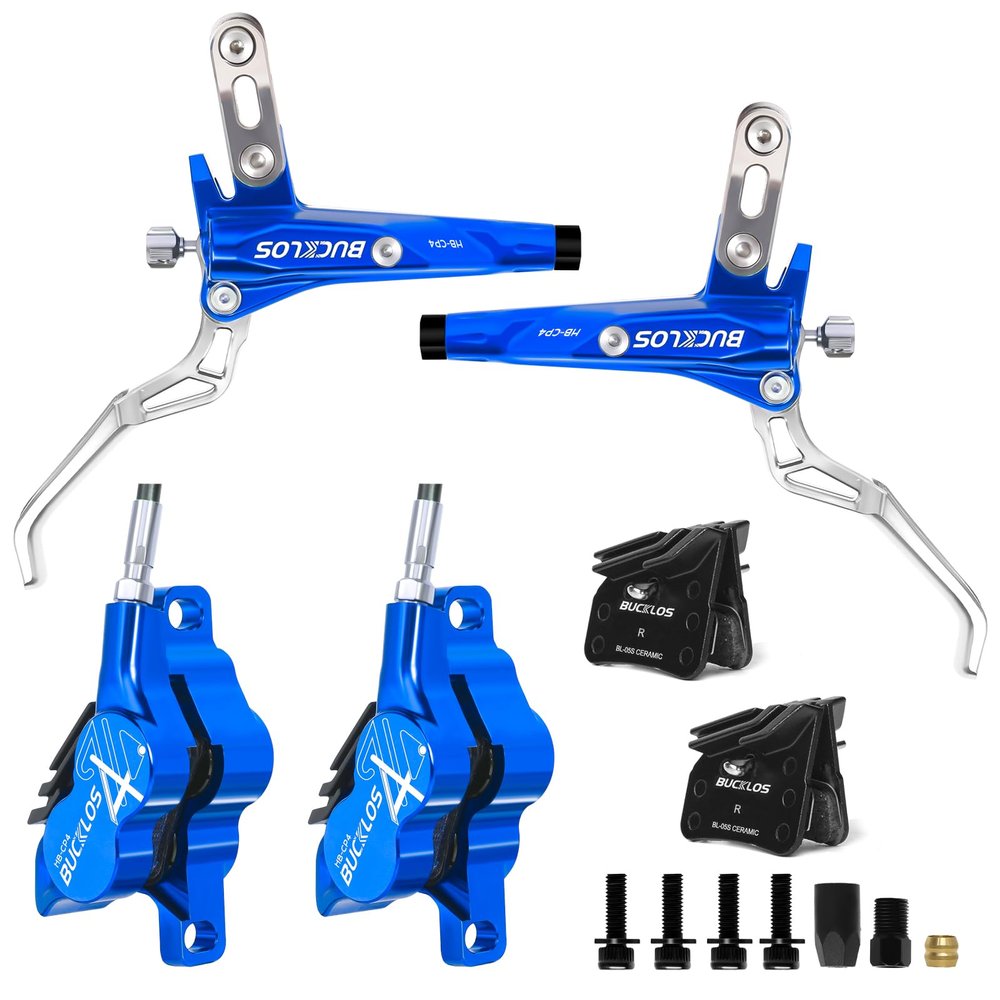 BUCKLOS MTB Hydraulic Disc Brake Set 4 Pistons Front 850mm and Rear 1550mm Hydraulic Brakes with Aluminum Alloy Lever with Caliper Ceramic Brake Pad Fit Mountain Bike,Ebike,Fat Bike HB-CP4 (Pre-Bled)