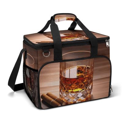 Camping Cooler Bag, Brown Liquor in Cup Print Travel Picnic Bag Large Capacity Cooler Portable Cooler Bag All-Purpose Cooler