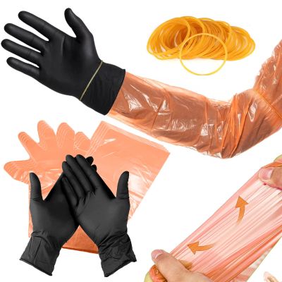 SUNXIZ 36 Pairs Field Dressing Gloves Deer Gutting Hunting Cleaning Mittens Accessory Kit Include Disposable Arm Gloves and Short Nitrile Gloves Combo with Rubber Bands Black Orange