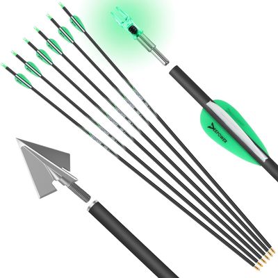 DEEPOWER 31 inch 100% Carbon Arrows with Fixed Blade Broadhead and Lighted Nocks 6 Pack for Compound Bow and Recurve Bow Shaft Spine 300/350/400/500