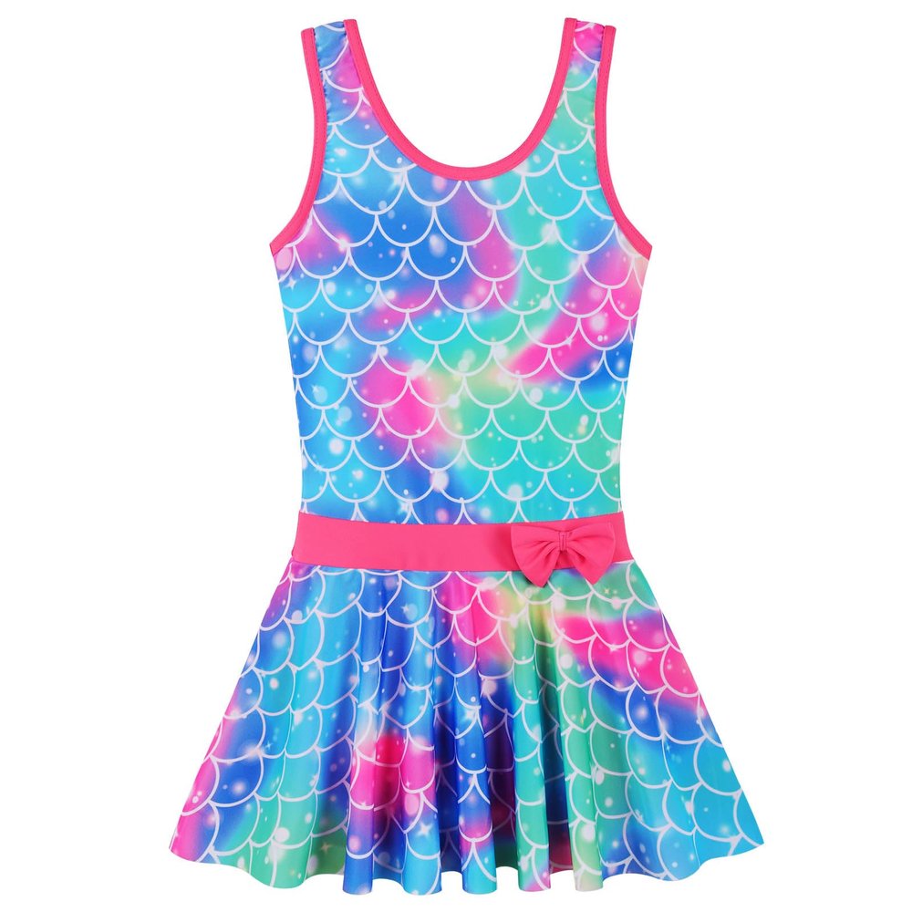 Girls Swimsuit One Piece UPF 50+ Floral Skirted Bathing Suit Modest Beach Swim Dress S349_CyanPinkScale_104/110