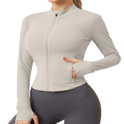 AKEWEI Zip Up Athletic Jacket Women Cropped Sport Jackets for Women Zipper Jacket Women Light Weight Ivory L