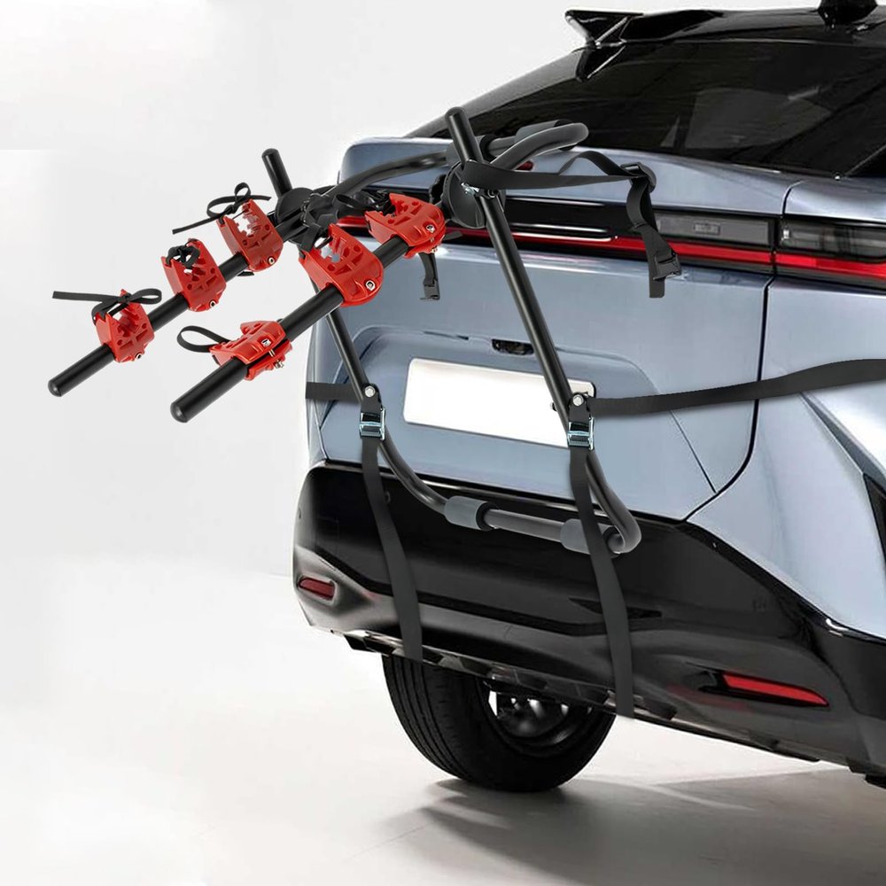 3-Bike Bike Trailer Hitch, Vehicle Trunk Mount Bike Rack F Frame Foldable Bicycle Carrier Holder with No-Wobble Buckles and Straps, for Partially SUV Sedan Minivan, 20kg/44.1 lbs Capacity