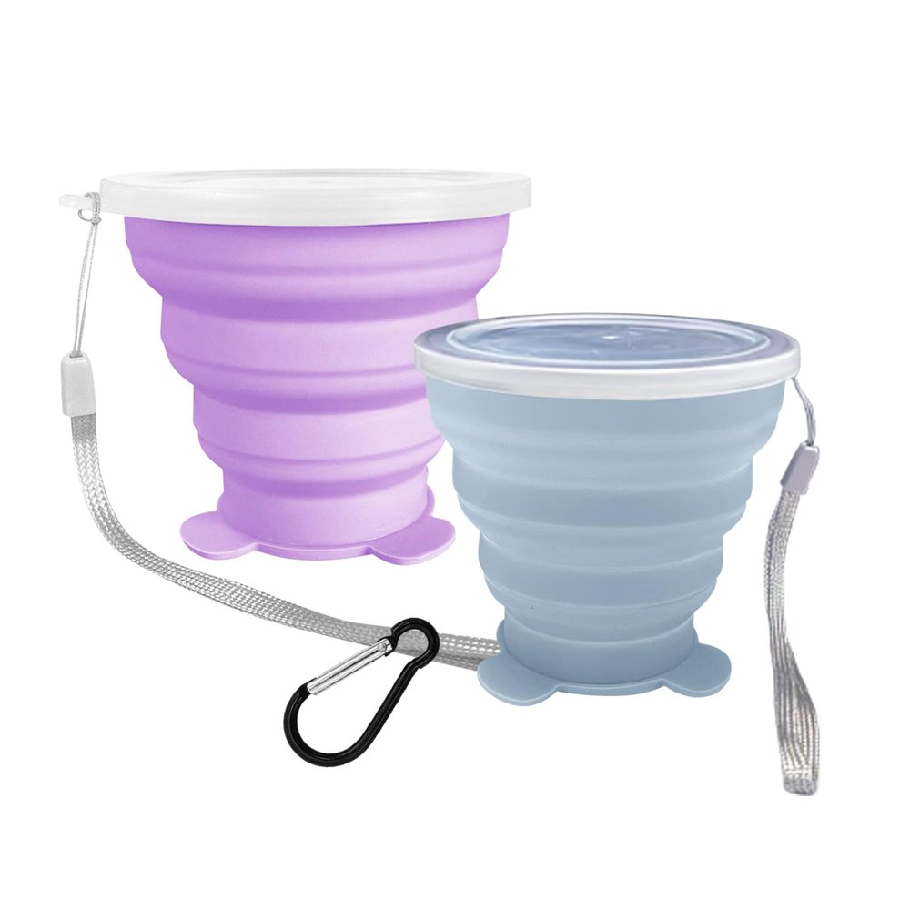 2 Pcs Collapsible Cups, Silicone Collapsible Travel Cup, Expandable Folding Camping DrinkingCup with Lids Reusable Small Portable Mugs-Cup for Travel, Camping, Hiking,Outdoor Sports (Purple&Blue)