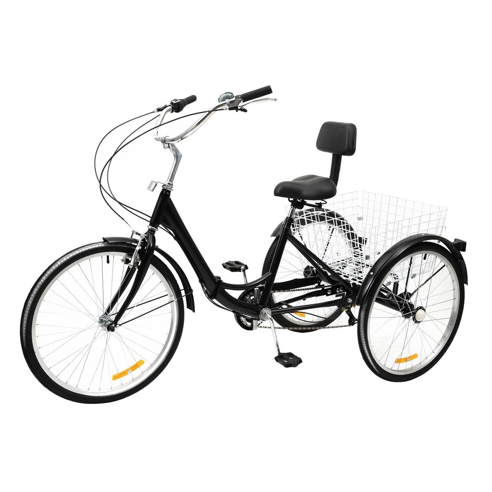 24Inch Folding Tricycle 7 Speed 3 Wheel Bike, Adult Folding Tricycle High Carbon Steel Gears Folding Trike Bicycle with Storage Basket&Backrest, Cruise Adult Tricycle for Men and Women, Black