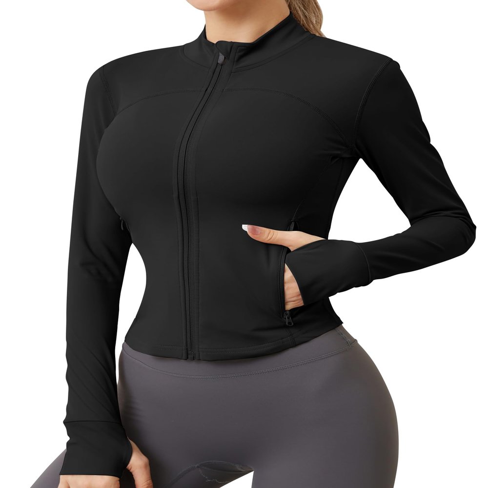 Womens Cropped Athletic Jacket Women Full Zipper Track Jacket Workout Activewear Jackets with Thumb Holes Black XL