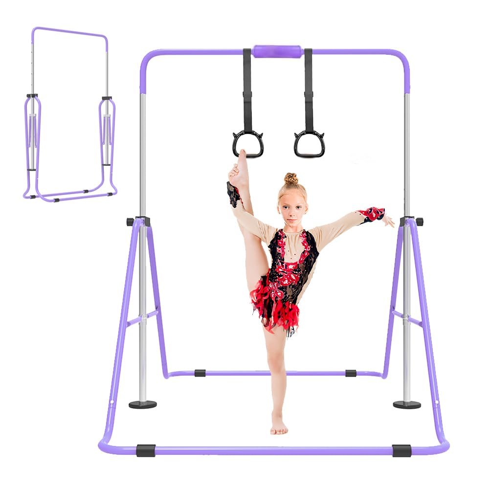 ZUETK Expandable Gymnastics Bar for Kids, Adjustable Height Junior Training Kip Bar, Folding Gymnastic Horizontal Bars Monkey Bar, Home Gym Equipment for Kid Gymnasts, Child, Girl, Boy