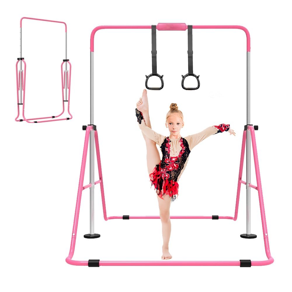 ZUETK Expandable Gymnastics Bar for Kids, Adjustable Height Junior Training Kip Bar, Folding Gymnastic Horizontal Bars Monkey Bar, Home Gym Equipment for Kid Gymnasts, Child, Girl, Boy