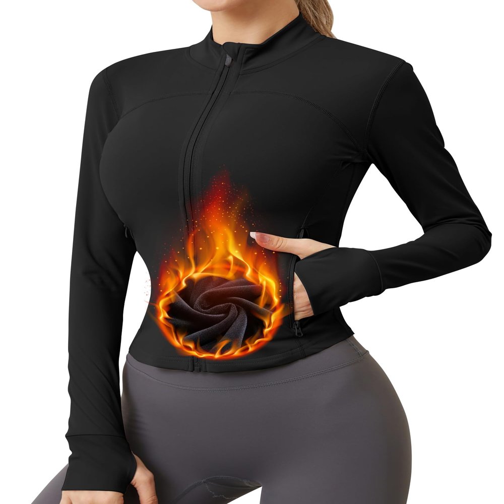 AKEWEI Workout Jackets for Woman Black Zip Up Tight Workout Sweater BBL Jacket with Pockets Fleece Black L