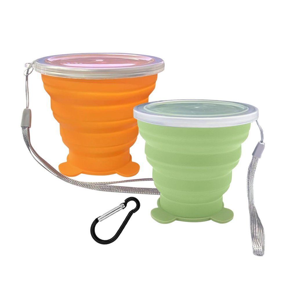 2 Pcs Collapsible Cups, Silicone Collapsible Travel Cup, Expandable Folding Camping DrinkingCup with Lids Reusable Small Portable Mugs-Cup for Travel, Camping, Hiking,Outdoor Sports (Orange&Green)