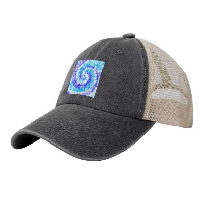 CHENYONAS Watercolor Teal Blue Tie Dye Outdoor Washed Denim Mesh Hat Denim Baseball Cap Cowboy Hat