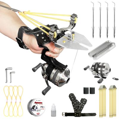 Fishing Slingshot Set for Outdoor Hunting - Versatile Slingshot with Stainless Steel Reel, Fish Darts, and Line Slot Plate, Switchable Between Fishing and Regular Modes