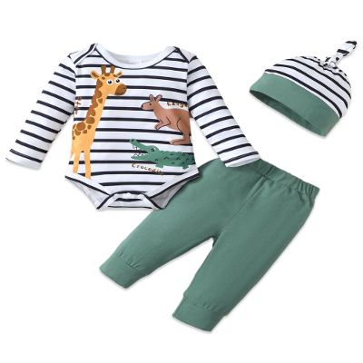 SUNNY PIGGY Baby Boy Clothes 0-3 Months Newborn Infant Fall Winter Outfits Romper 3Pcs Green Cute Pants Set Hat Baby Boys Clothing Set Preemie Clothes Boy