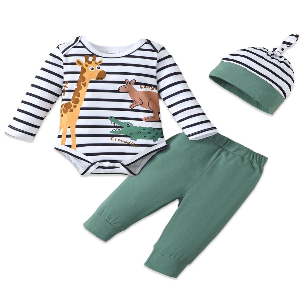 SUNNY PIGGY Baby Boy Clothes 0-3 Months Newborn Infant Fall Winter Outfits Romper 3Pcs Green Cute Pants Set Hat Baby Boys Clothing Set Preemie Clothes Boy
