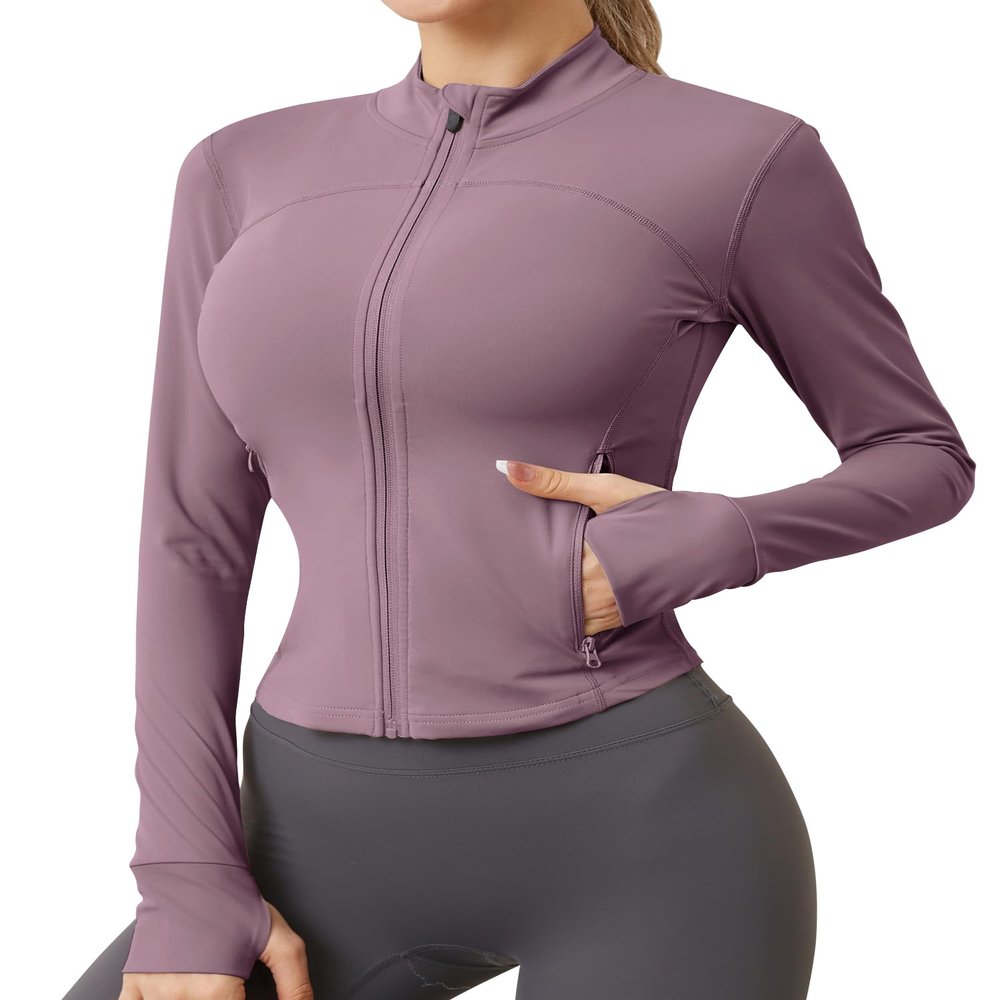 AKEWEI BBL Jacket Set Pink Workout Stretchy Gym Tight Running Clothes for Women With Pockets Purple M