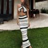 Crochet Knit Two Piece Sets for Women Summer Hollow Out Crop Tank Top Bodycon High Waist Maxi Skirt Beach Set Black White view 2