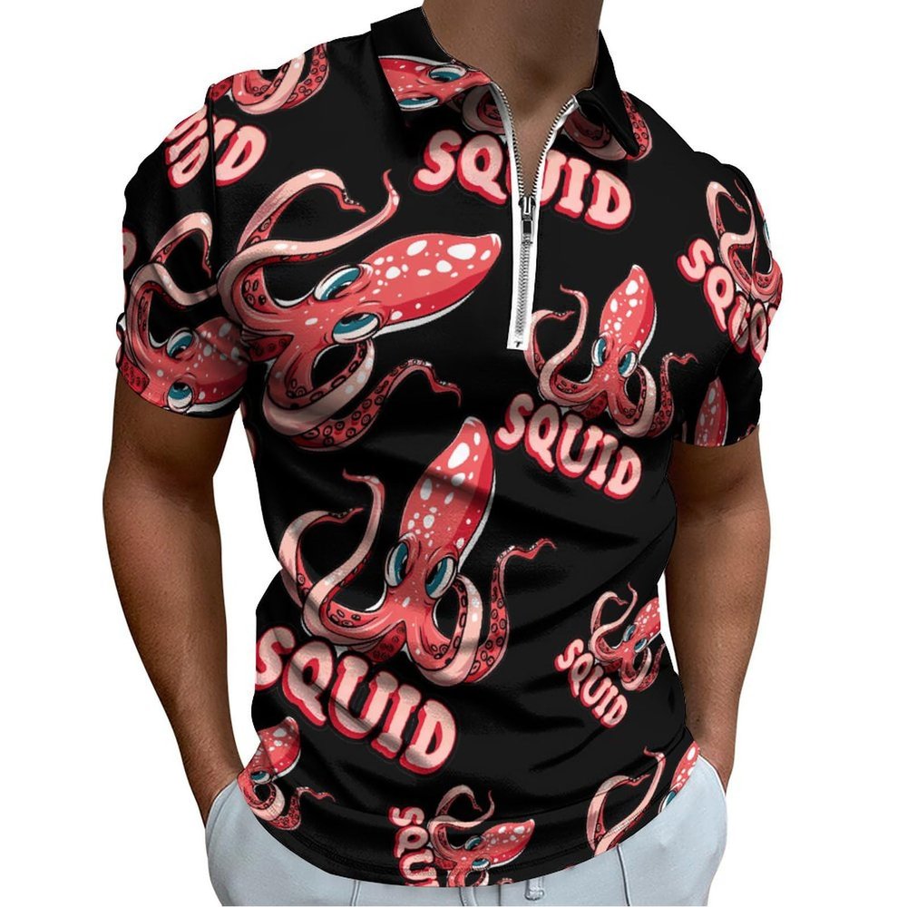 Cephalopod Squid Men's Zipper Polo Shirts Short Sleeve Casual Slim Fit Golf Shirt 3XL
