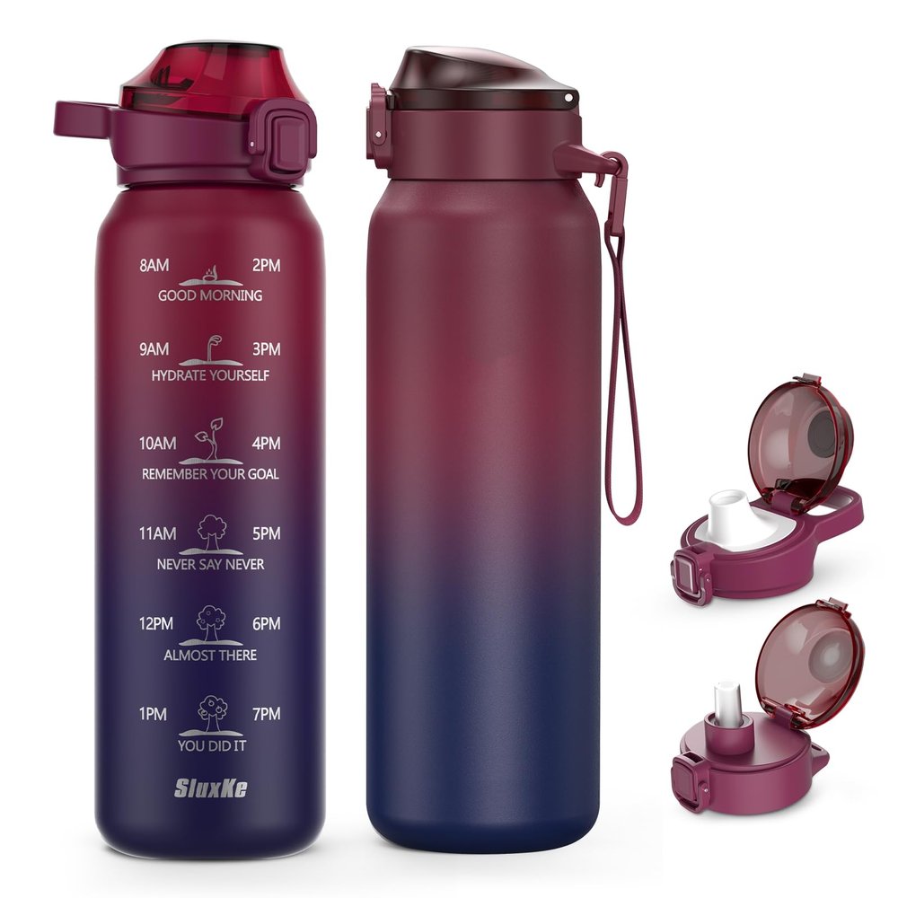 SLUXKE Insulated Water Bottle 24oz, Double Wall Vacuum 18/10 Stainless Steel Bottle with 2Lids, Leak Proof & BPA-Free, 700ml Hydro Water Flask with Handle & Straw Spout Lids RED BLACK