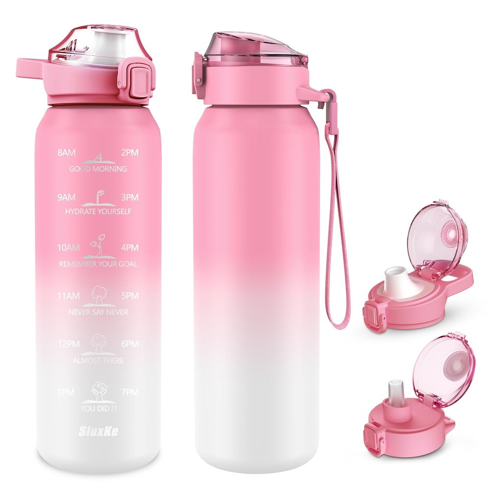 SLUXKE 24oz Insulated Water Bottle with Straw and Spout Lids, 18/10 Stainless Steel 700ml Double Wall Vacuum Sports Water Jug, Leakproof Hydro Cup Flask for Men, Women & Kids PINK WHITE