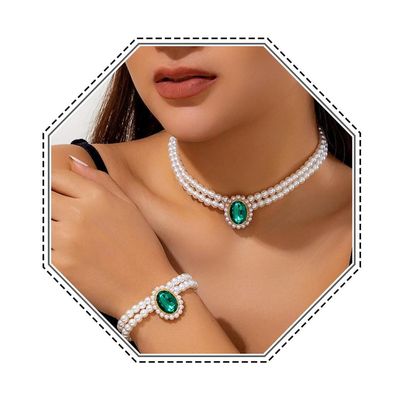 Brishow Pearl Choker Jewelry Set Crystal Wedding Earrings Bracelet Set Bridal Pearl Necklace for Women (Pack of 3) (2 Layered, Green)