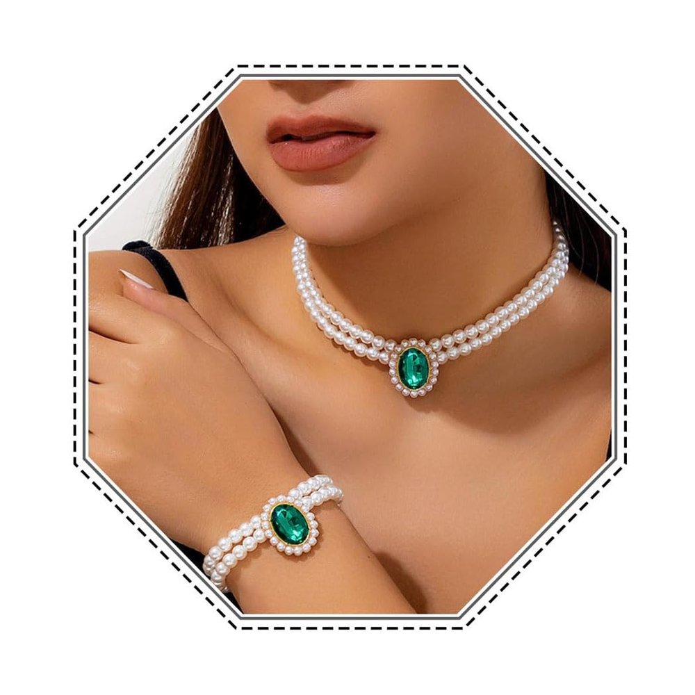 Brishow Pearl Choker Jewelry Set Crystal Wedding Earrings Bracelet Set Bridal Pearl Necklace for Women (Pack of 3) (2 Layered, Green)