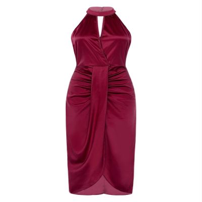 ACSUSS Women's Halter Sleeveless Ruched Cocktail Party Dress Wrap Bodycon Slit Midi Wedding Guest Dresses Burgundy X-Large