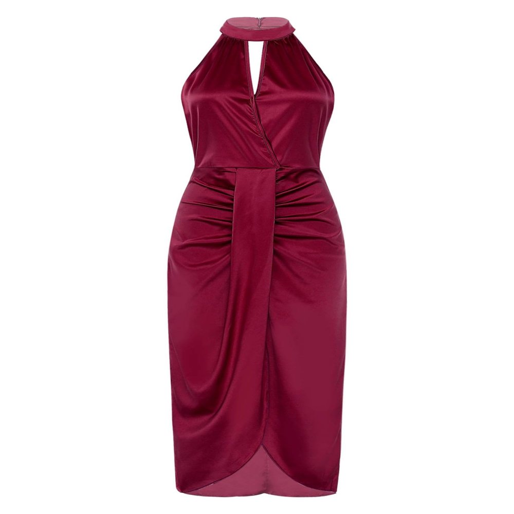 ACSUSS Women's Halter Sleeveless Ruched Cocktail Party Dress Wrap Bodycon Slit Midi Wedding Guest Dresses Burgundy X-Large