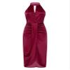 ACSUSS Women's Halter Sleeveless Ruched Cocktail Party Dress Wrap Bodycon Slit Midi Wedding Guest Dresses Burgundy X-Large view 1