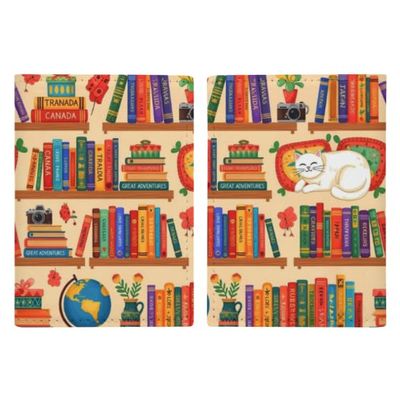 Cute Passport Cover, PU Passport Holder Card Slots, Waterproof Travel Wallet Cover, Travel Wallet For Women And Men Compatible with Sleeping Cat Library Bookshelf