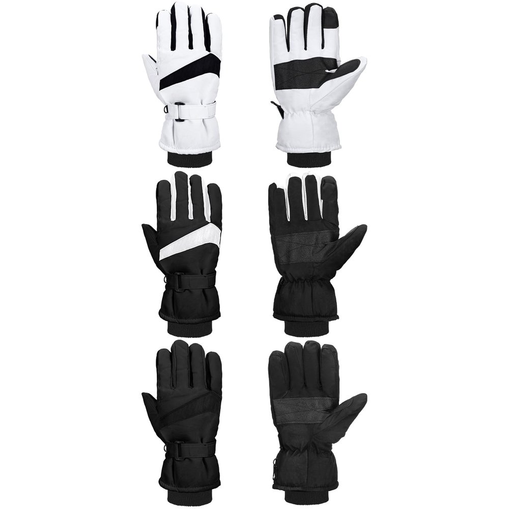 Tarpop 3 Pairs Mens Ski Gloves Winter Warm Women Gloves Adjustable Non Slip Snowboard Snow Waterproof Warm(F,Black, Black White, White Black)
