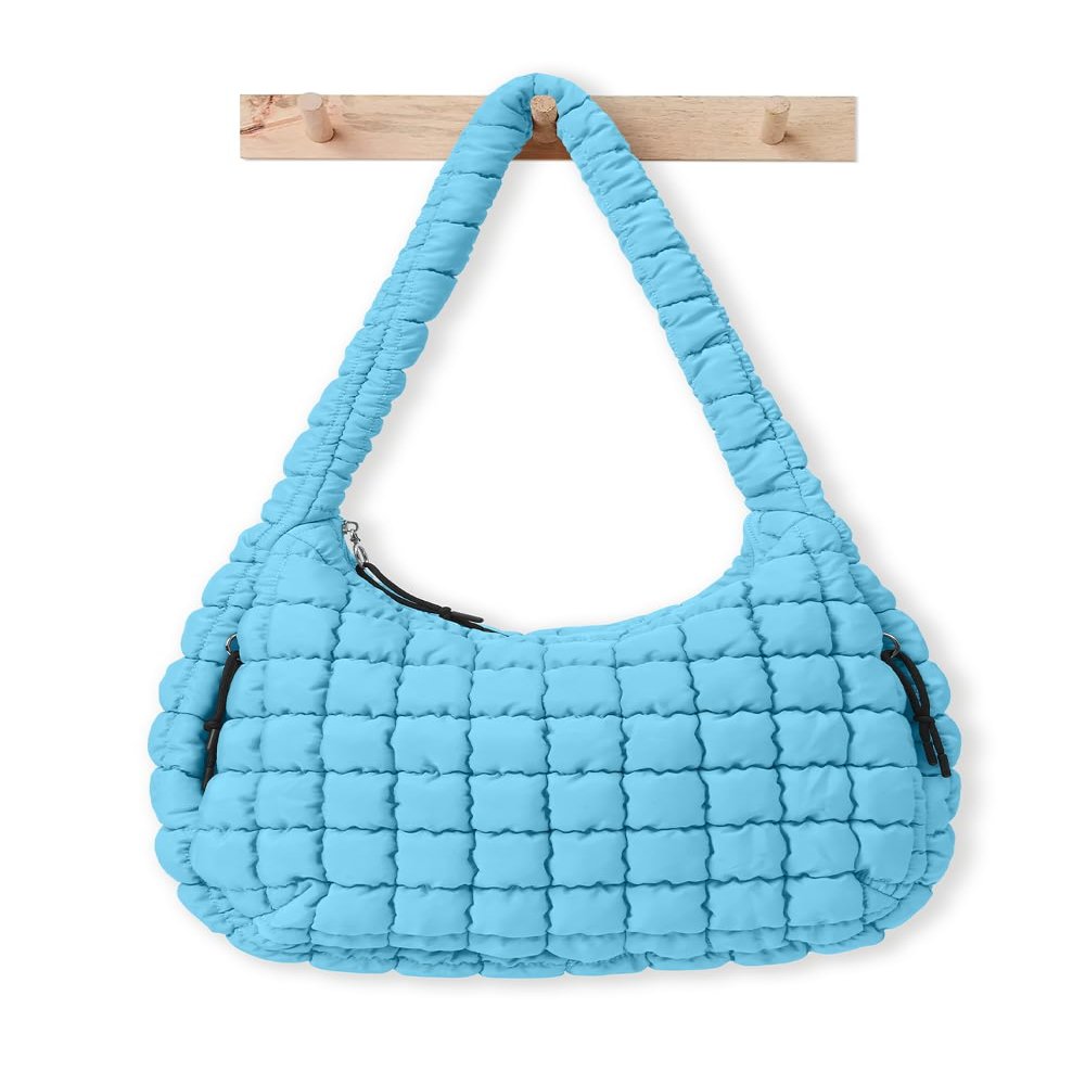 LEXSION Womens' Lightweight Quilted Carryall GYM Tote Bag Puffer Crossbody Bag Soft Puffy Boho Handbags Cloud Weight Big Capacity Purse 8040 Light Blue M