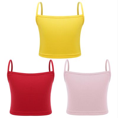 dPois Girls Cotton Ribbed Camisole Yoga Dance Cami 3 Pack Kids Basci Tank with Spaghetti Straps Sleeveless Crop Top Pink&Yellow&Red 8-10 Years