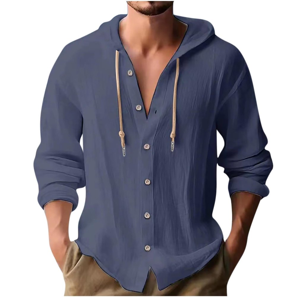 Muscularfit Men's Fashion Hoodies & Sweatshirts Drawstring Casual Long Sleeve Cotton Linen Shirts Fashion Button Down Hoodies Navy L