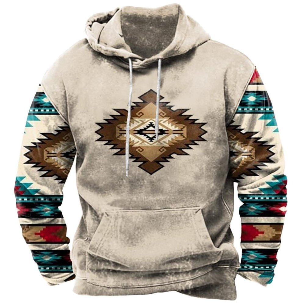 Hoodies for Men Fashion Drawstring Aztec Ethnic Print Hooded Sweatshirts Casual Long Sleeve 4th Of July Shirts warehouse amazon warehouse deals Beige L