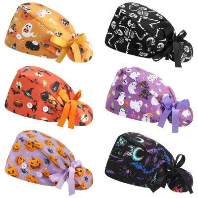 HooLing 6 Pcs Scrub Caps Nurse Hat with Button Women,Halloween
