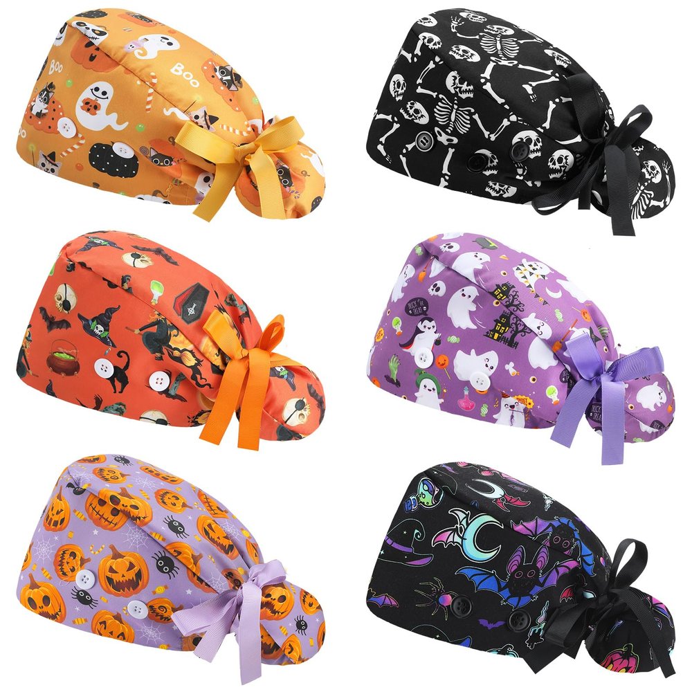 HooLing 6 Pcs Scrub Caps Nurse Hat with Button Women,Halloween